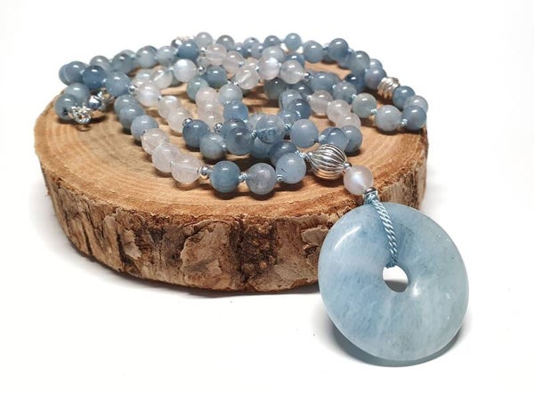 Mala aquamarijn, regenboogmaansteen