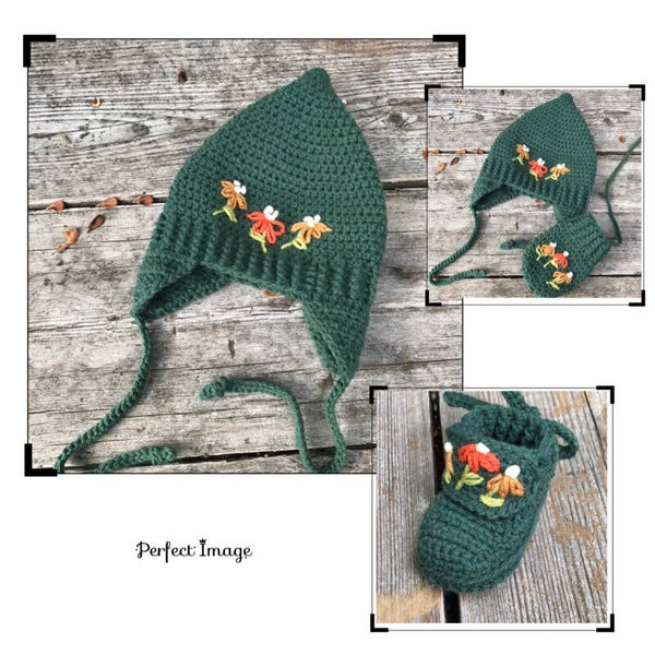 Haakpatroon setje geborduurde slofjes, wantjes en muts 2