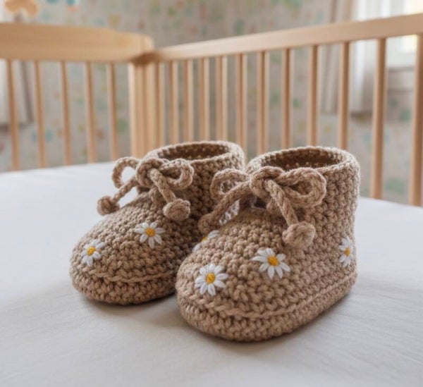 Haakpatroon babyslofjes met sluitkoord en  bloemetjes