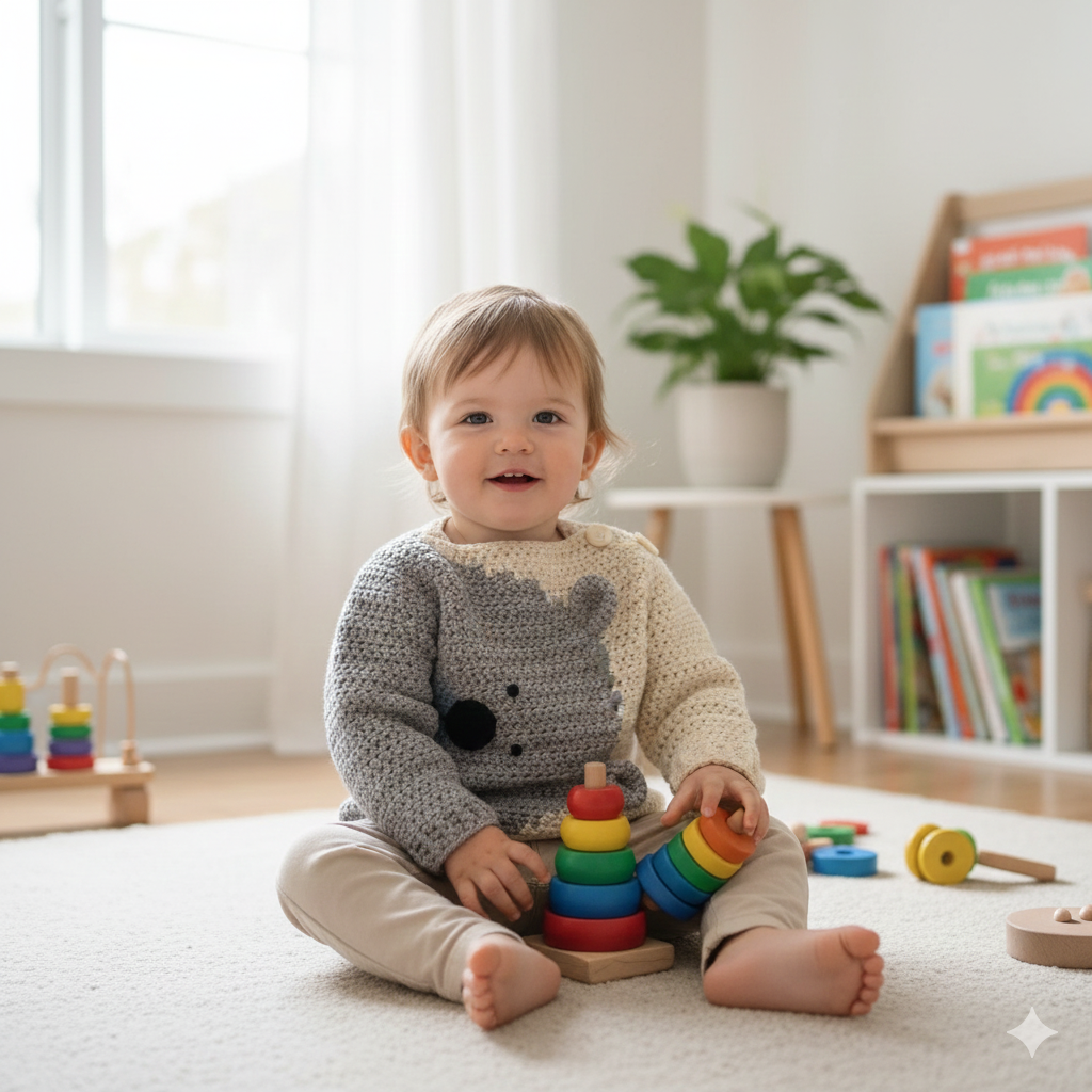 Haakpatroon baby- en kindertruitje met bruine beer
