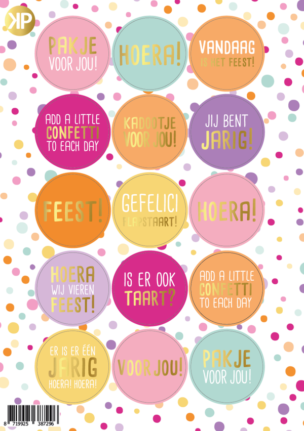 Verjaardags Stickervel Confetti – 15 Stickers – A5 Formaat – Voor Cadeaus & Pakketjes