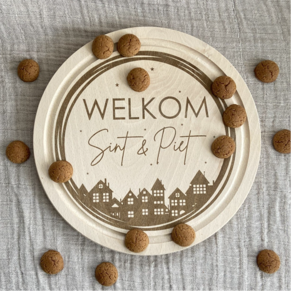 Ronde houten Snij- en Serveerplank | Welkom Sint & Piet