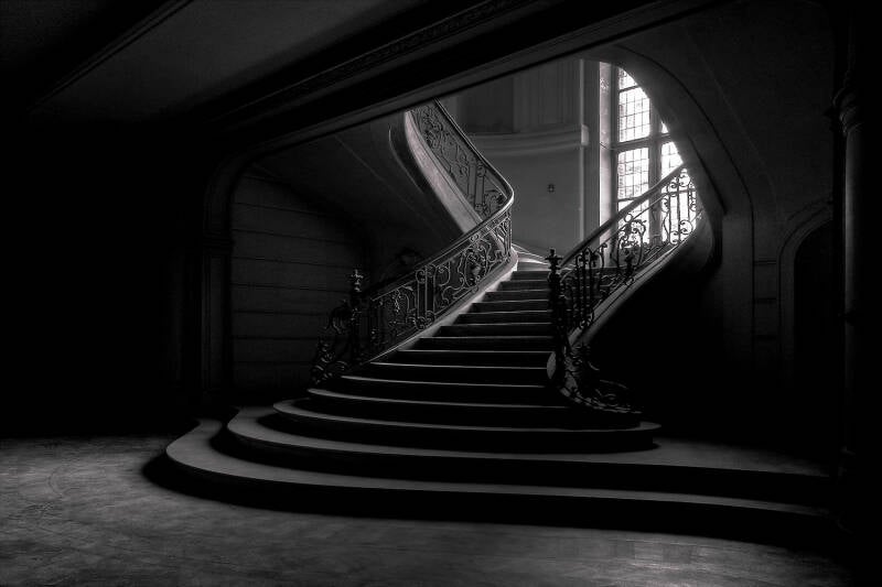 kasteel, zwart wit, trap, kasteel