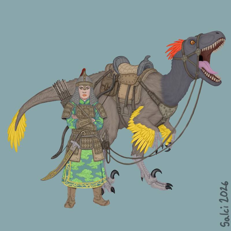 Mongol Warrior and Her Utah Raptor Mount
