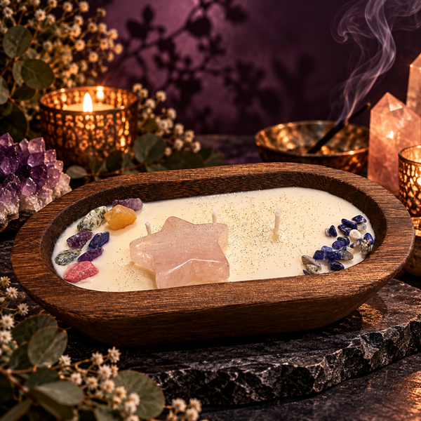 Wooden Candle Bowl w/Crystals 3 wick-7 1/2