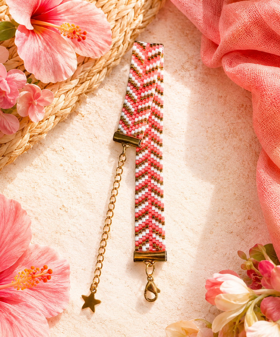 Bracelet tissé à la main en perles Miyuki au motif géométrique corail et or