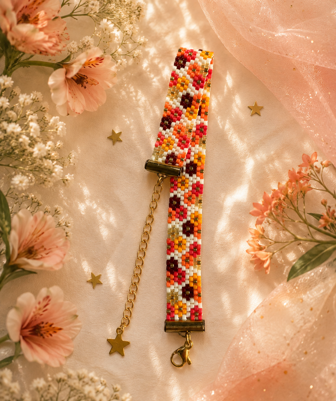 Bracelet tissé à la main en perles Miyuki au motif géométrique corail et or