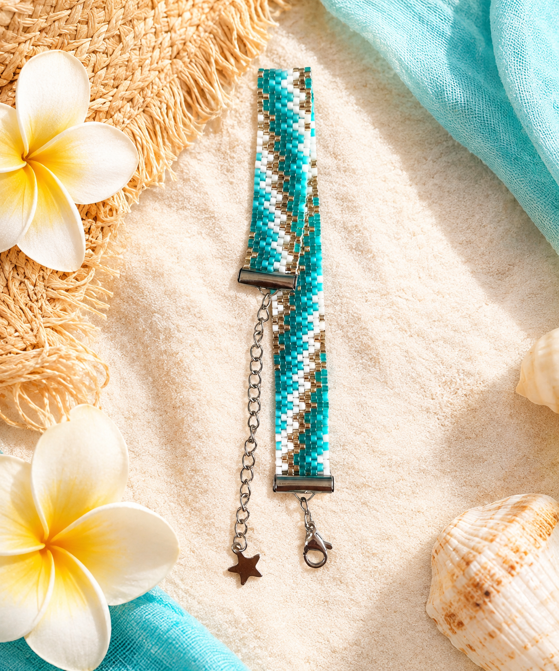 Bracelet tissé en perles Miyuki fait à la main, au motif graphique turquoise