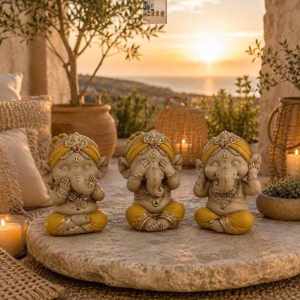 Boeddhabeeldje – set van 3 gele Ganesh – Zen- en Feng Shui-decoratie – spirituele en ontspannen sfeer – decoratief cadeau-idee