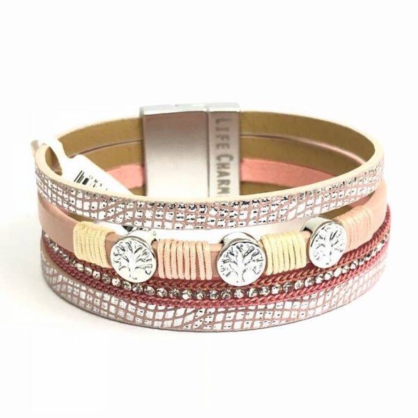 LIFE CHARMS - BT06 - 4 ROW PINK TREE OF LIFE WRAP BRACELET