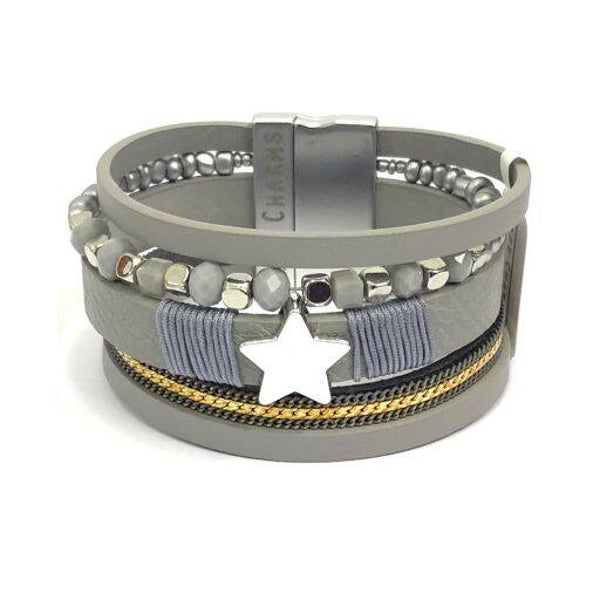 LIFE CHARMS - BT07 - 5 ROW GREY STAR WRAP BRACELET