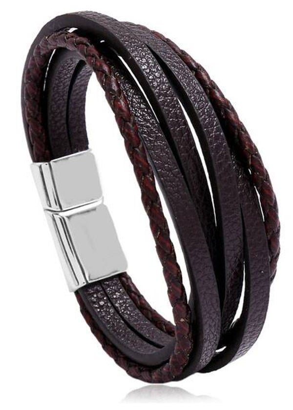 PU Lederen heren armband donker bruin & licht bruin zilver sluiting