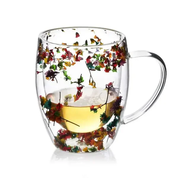 MONDEX - PETER FLOWERS Mok - 400ml 8,5x12,5xh11cm - DUBBELWANDIG - GLAS - Theeglas - Koffieglas - Droogbloemen - Rood groen roze geel