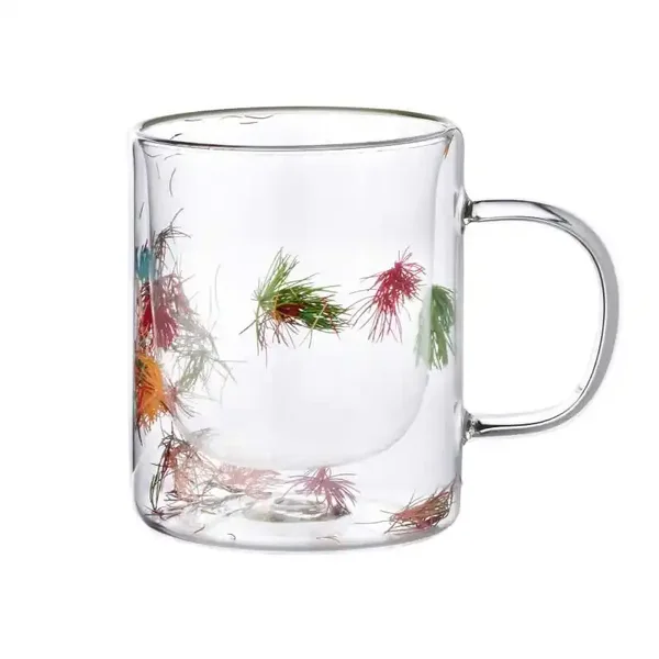 MONDEX - PETER FLOWERS Mok - 400ml 8,5x12,5xh11cm - DUBBELWANDIG - GLAS - Theeglas - Koffieglas - Droogbloemen - Rood groen