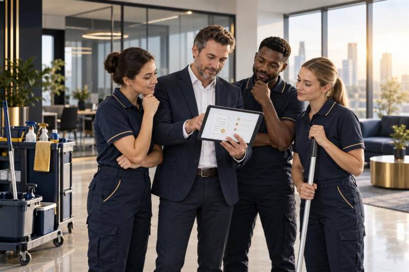 Reinigungsteam und Betriebsleitung besprechen einen ersten KI-Arbeitsablauf am Tablet
