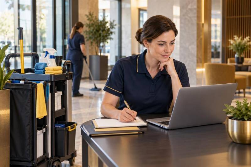 Objektleitung erstellt Arbeitsanweisungen am Laptop neben einem Reinigungswagen