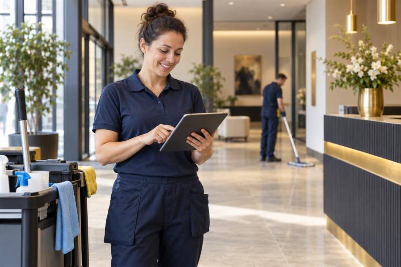 Reinigungskraft nutzt eine einfache Tablet-Oberfläche im Arbeitsalltag