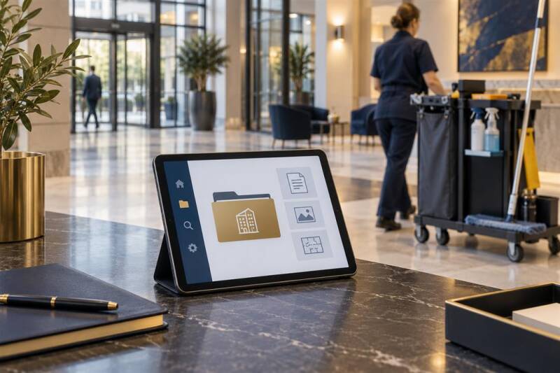 Digitale Objektmappe auf einem Tablet in einem gewerblichen Gebäude