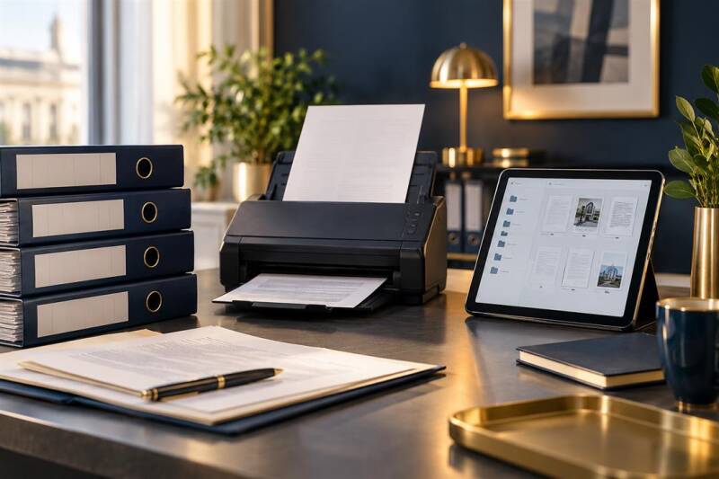Papierordner und Scanner beim Übertragen von Unterlagen in die digitale Ablage