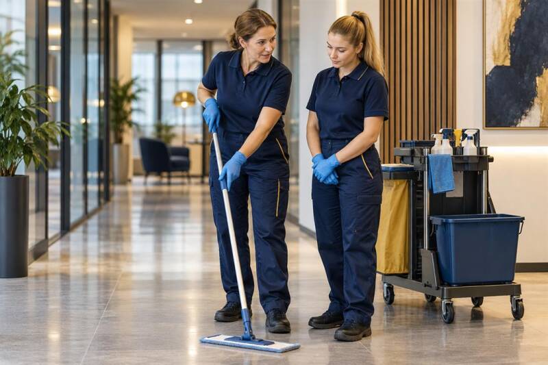 Erfahrene Reinigungskraft weist eine neue Kollegin im Objekt ein