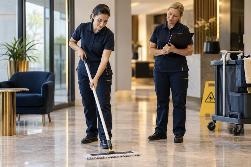 Neue Reinigungskraft führt einen Arbeitsschritt unter Begleitung vor
