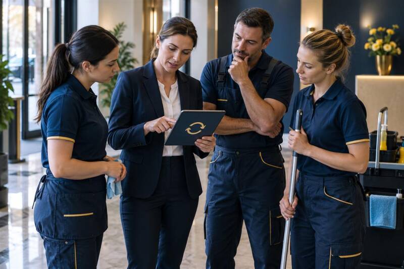 Team bespricht aktualisierte Objektvorgaben am Tablet