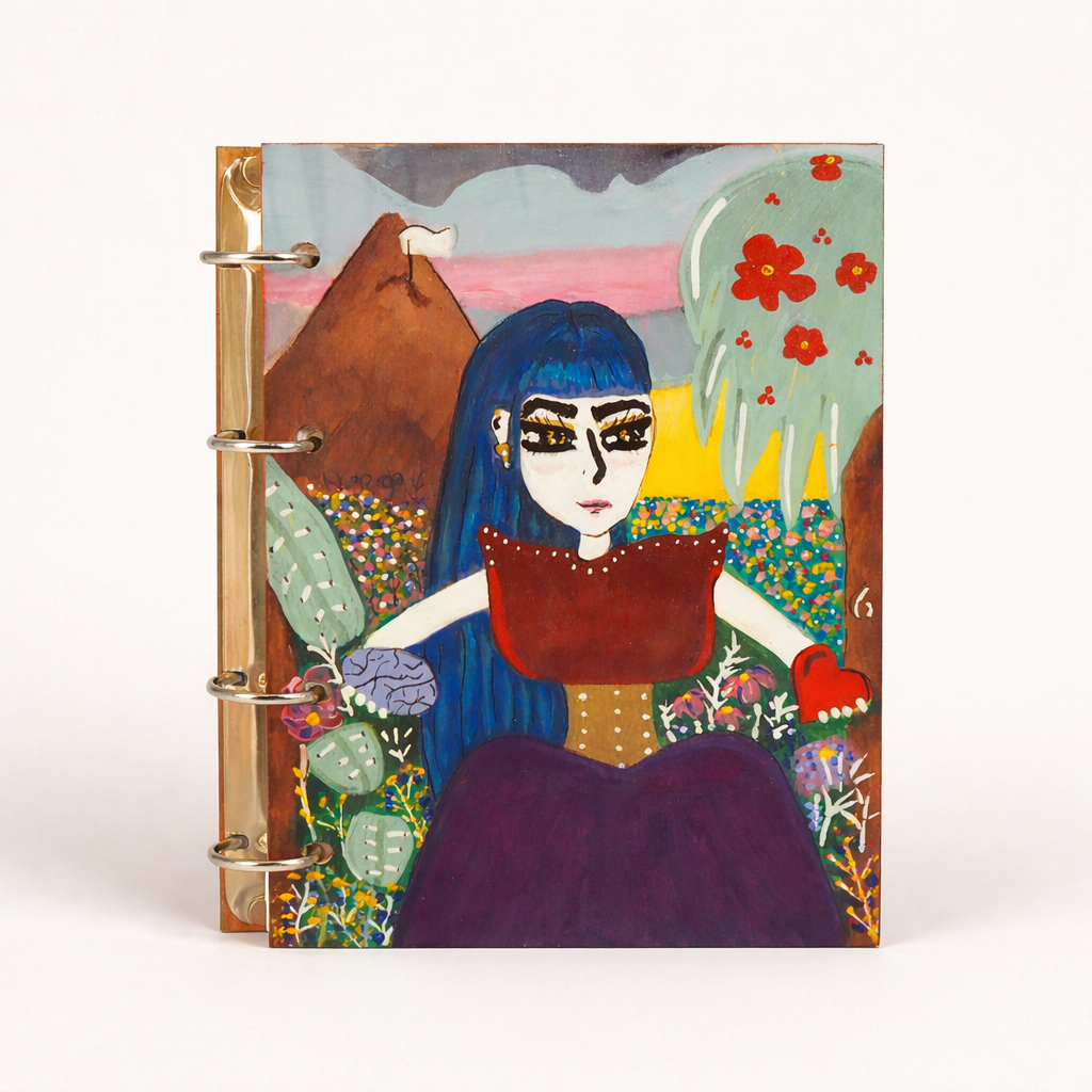 Hand-painted wooden notebook – “Mind & Heart” journal – artisanal ring binder, unique art piece by Shesamne