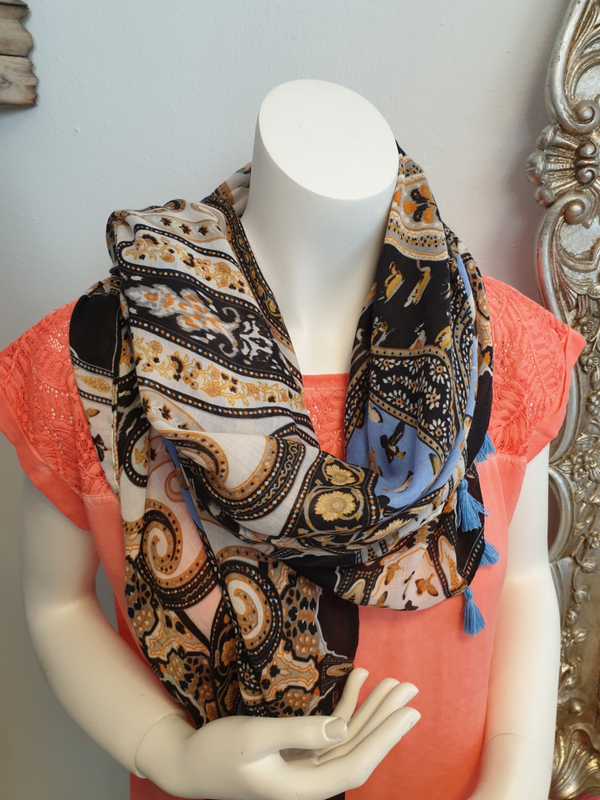 Shawl Paisley - Blauw zwart beige