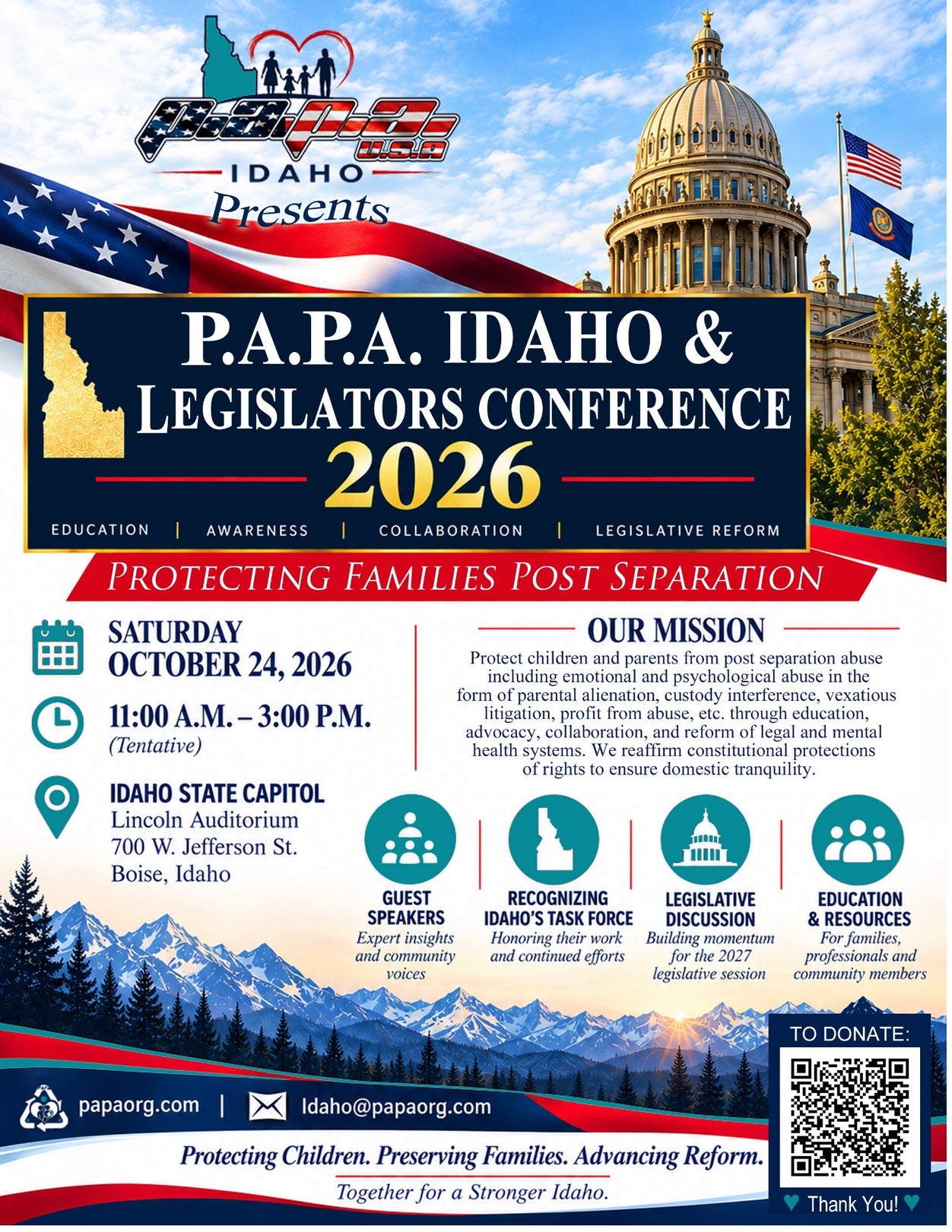 P.A.P.A. Idaho and Legislators Conference 2026 flyer. October 24, tentative time 11 a.m. to 3 p.m., Lincoln Auditorium, Idaho State Capitol, Boise.