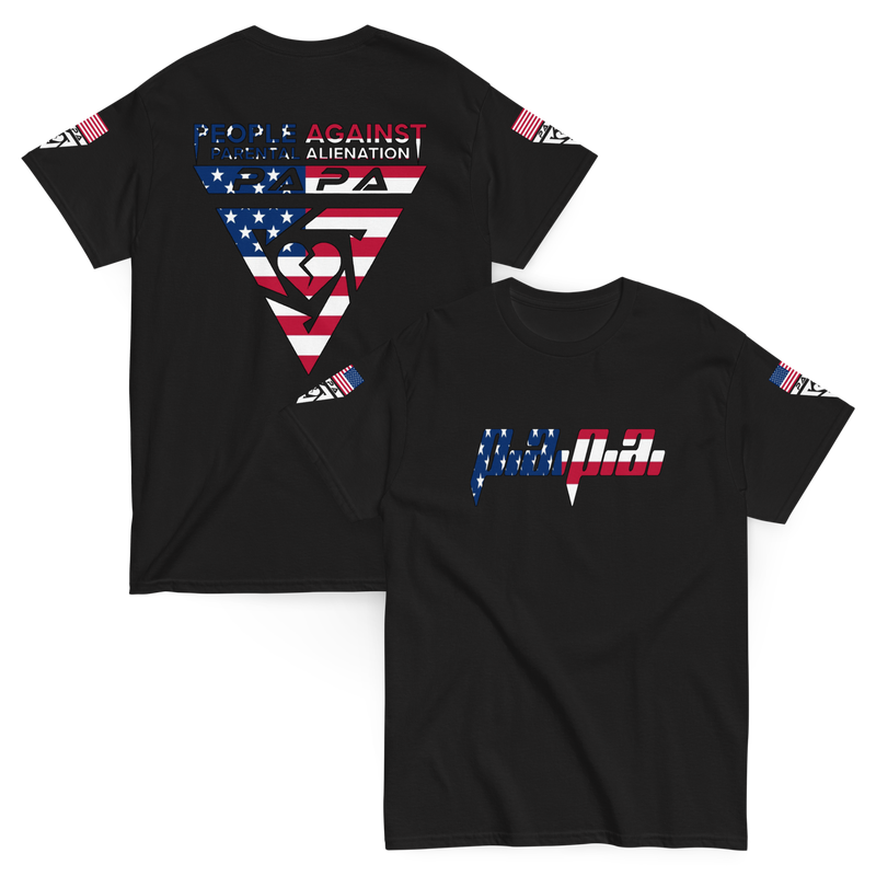 Black PAPA Patriot T-shirt shown from the front and back