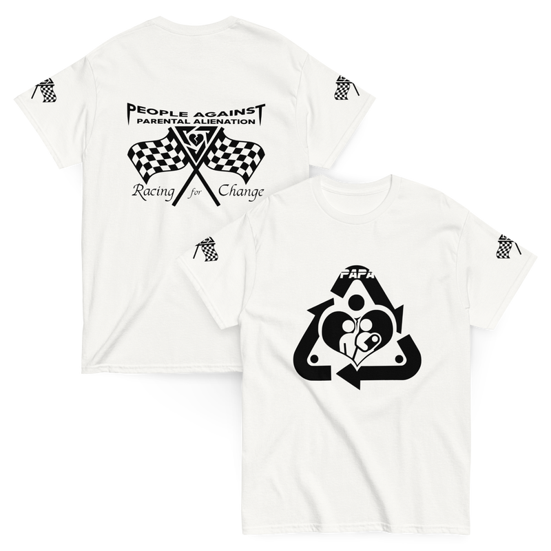 White Racing for Change T-shirt shown from the front and back