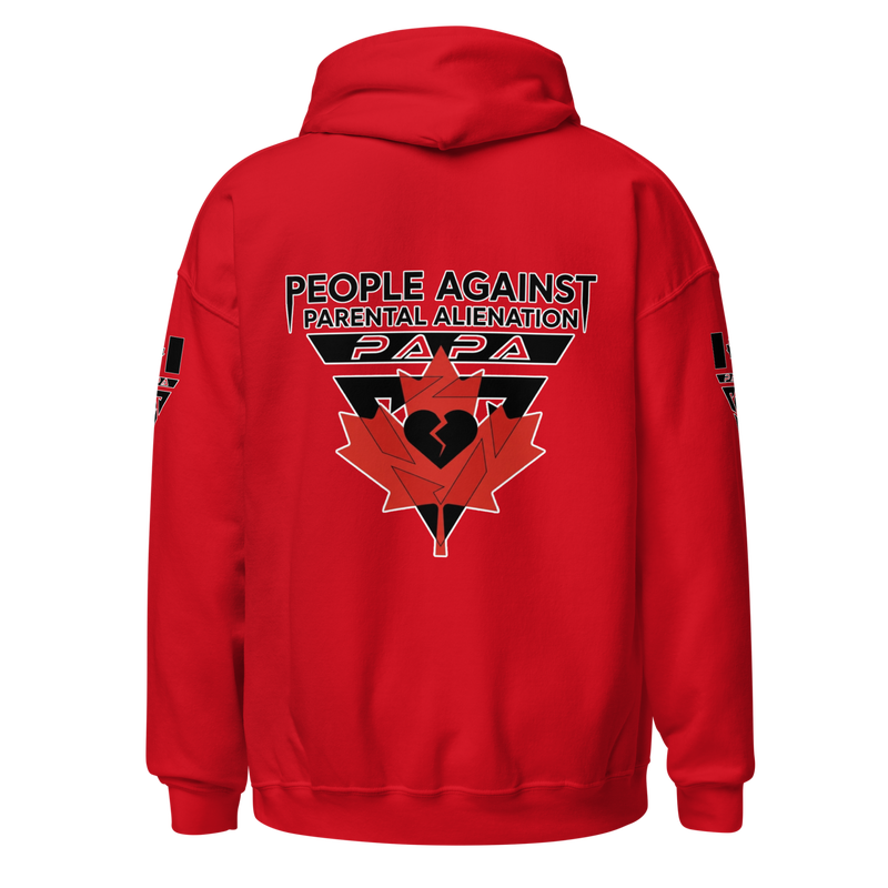 Red Canadian Classic hoodie with a white P.A.P.A. back design