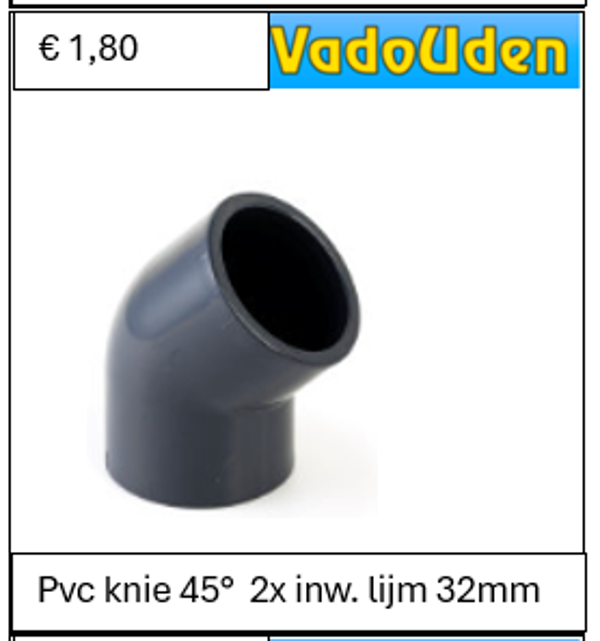 Pvc knie 45°  2x inw. lijm 32mm