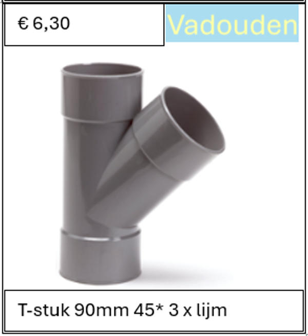 T-stuk 90mm 45* 3 x lijm