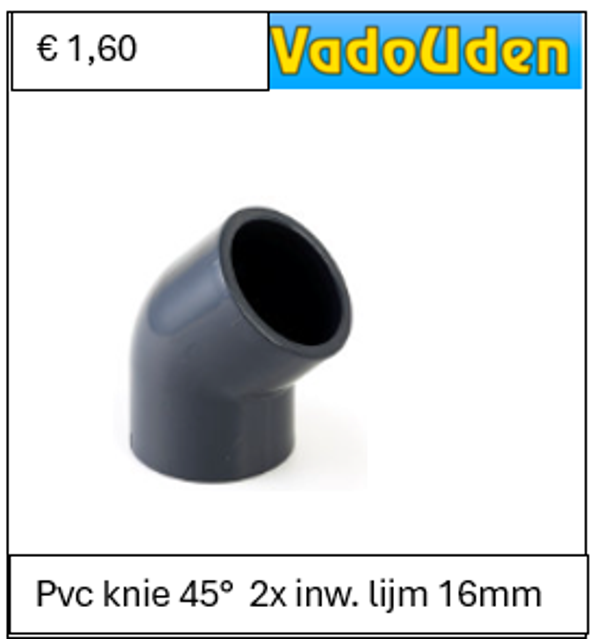 Pvc knie 45°  2x inw. lijm 16mm