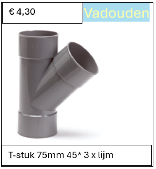T-stuk 75mm 45* 3 x lijm