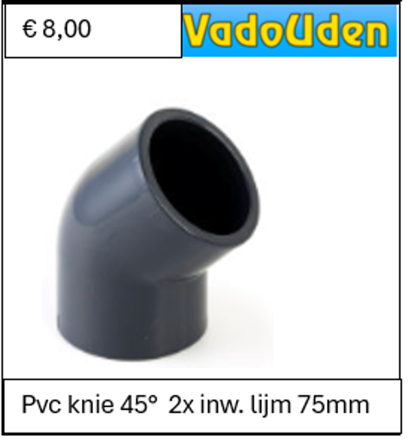 Pvc knie 45°  2x inw. lijm 75mm