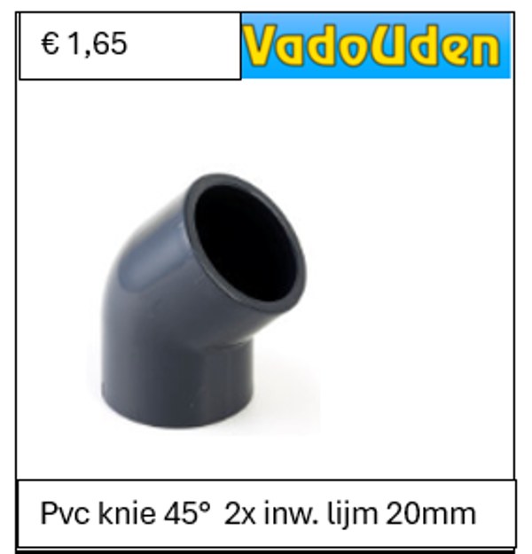 Pvc knie 45°  2x inw. lijm 20mm