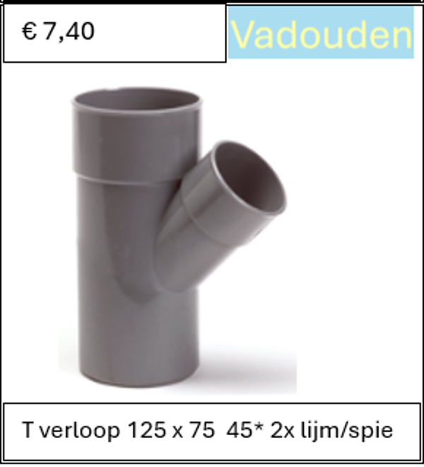 T verloop 125 x 75  45* 2x lijm/spie