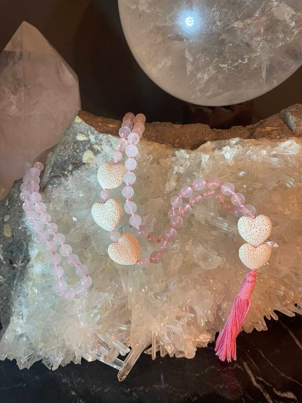 Faceted Rose Quartz Mala with heart shaped Lava Stone