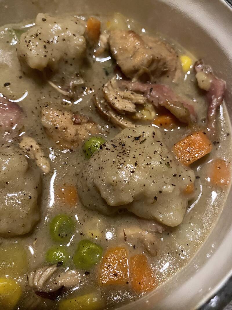 loaded chicken and dumplings with bacon