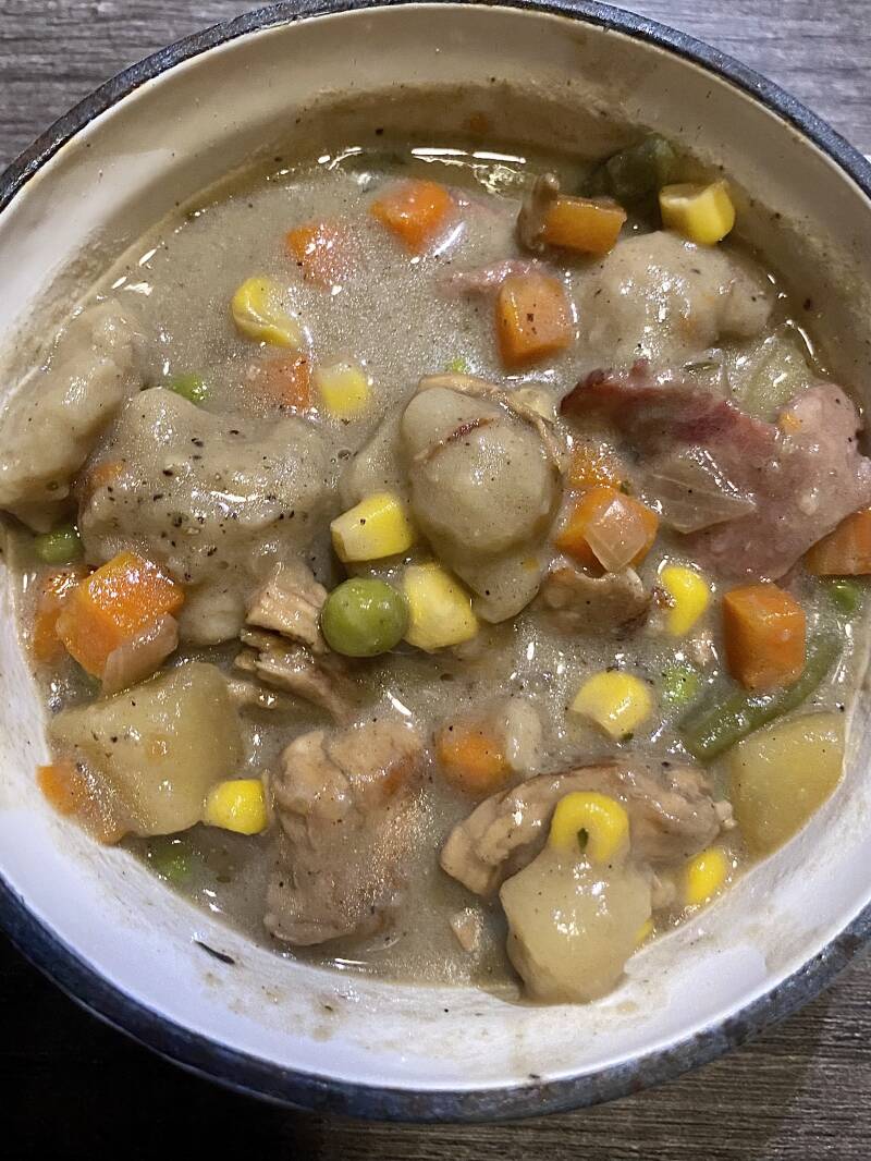 loaded chicken and dumplings with bacon and mixed vegetables