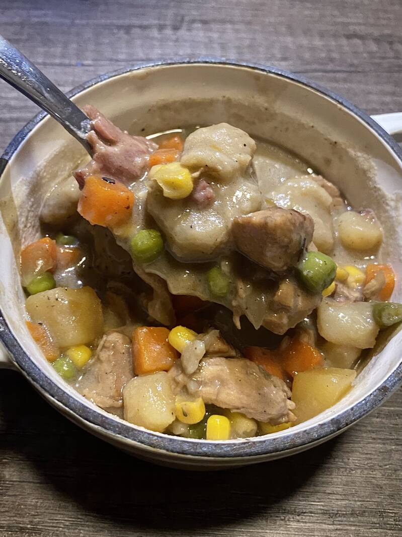 loaded chicken and dumplings with bacon, mixed vegetables, and potatoes