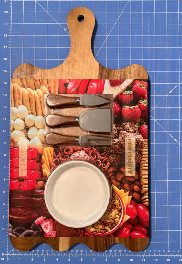 Charcuterie/Serving/Cutting Board - 15" x 11.5" Acacia Wood with Ceramic Serving Dish & 3 Utensils