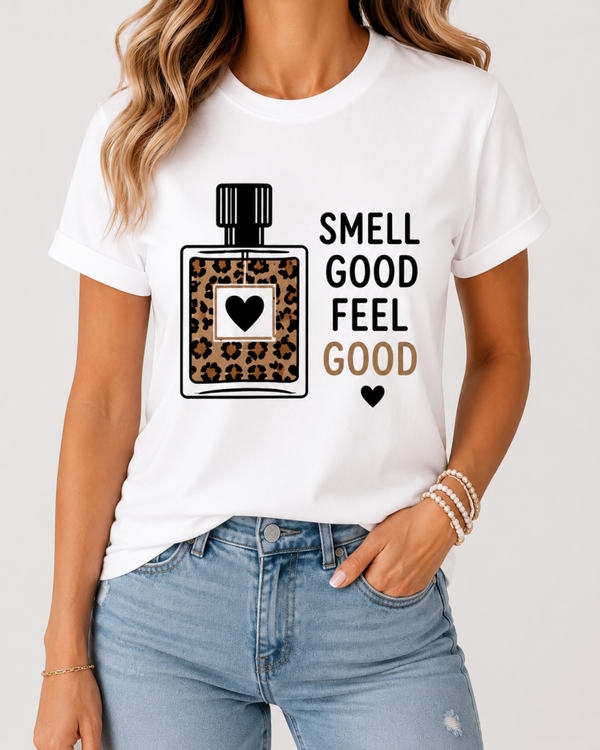 Leo Damen T-Shirt „Smell Good Feel Good“ – Stylisches Statement Shirt mit Parfüm-Motiv