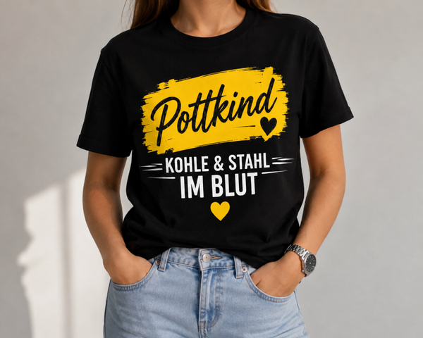 Pottkind T-Shirt „Kohle & Stahl im Blut“ – Ruhrpott Edition Gelb