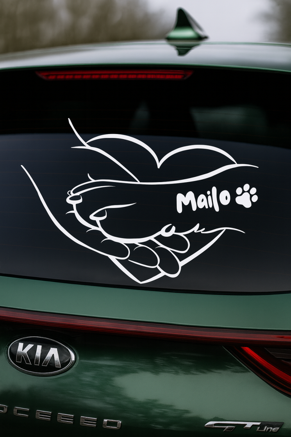 Personalisierter Auto-Aufkleber „Hand & Pfote – Herzdesign“