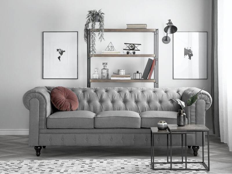 Chesterfield bank grijs leer sofa velvet vintage