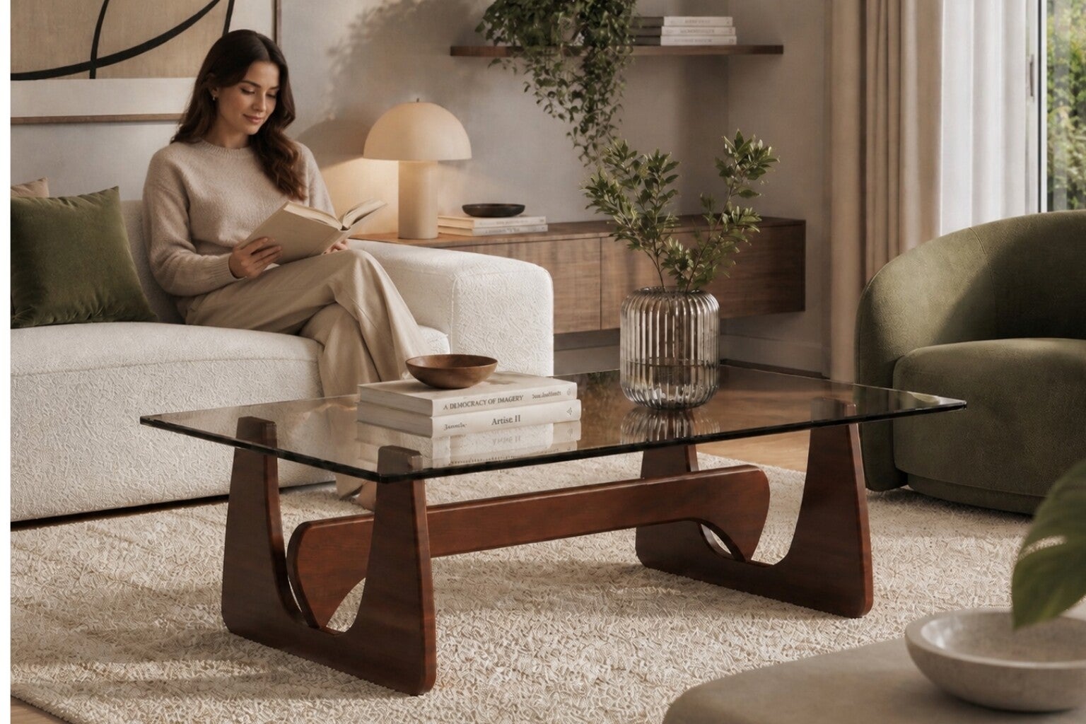 Salontafel Walnoot hout - Glas - Rechthoekig