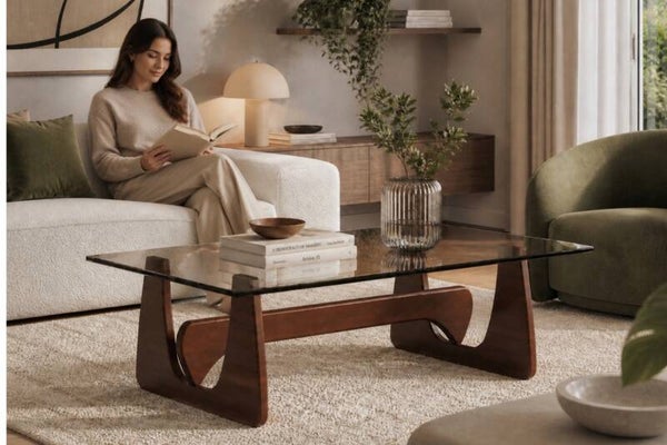 Salontafel Walnoot hout - Glas - Rechthoekig